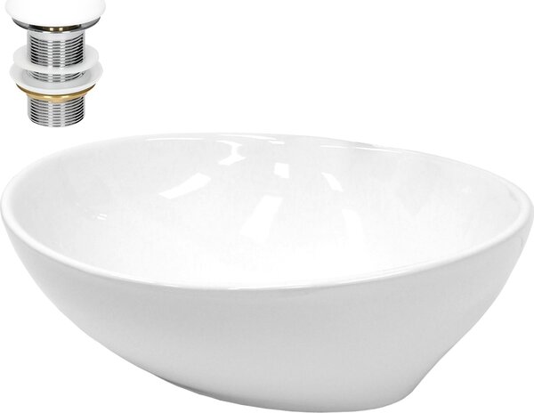 Lavabo LuxeBath Lavabo da appoggio ovale, 41x33x14,2 cm, bianco, in Vetroceramica, incl. set di scarico senza troppopieno