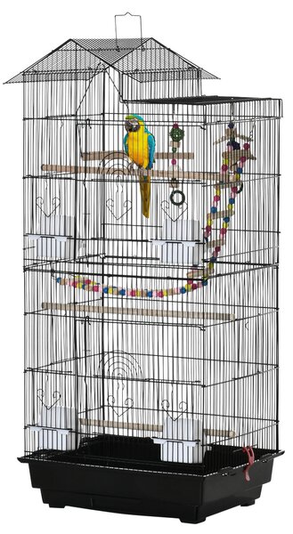 Gabbia per Uccelli con Scaletta Altalena Ciotole e Giochi 46x36x100 cm in Acciaio PP e Legno Nera