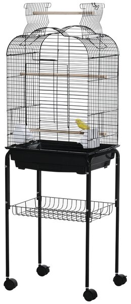 Gabbia per Uccelli con 3 Posatoi 2 Ciotole e 2 Porte Laterali 46x36x130 cm in Acciaio PP e Legno Nera