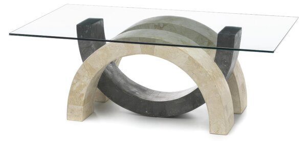 Tavolino Olimpia Stone Decor E5 120x70xH41 cm, Vetro Trasparente, Gambe Pietra Fossile Beige e Grigio