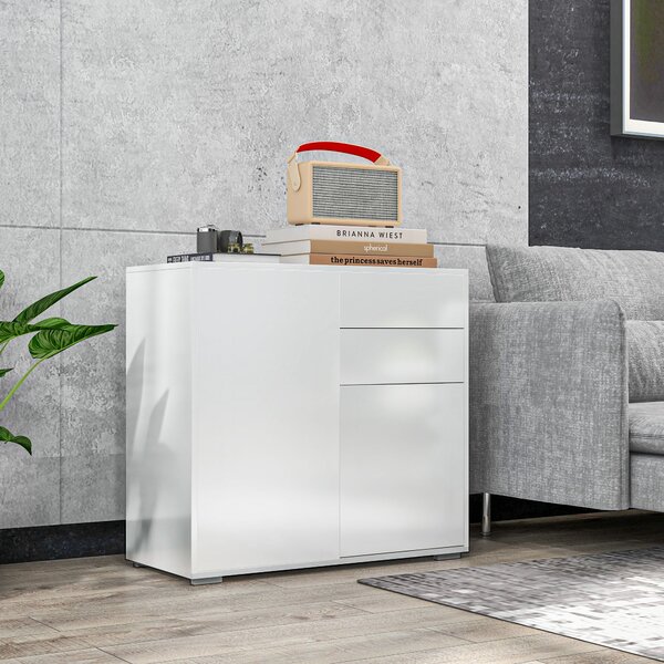 Credenza Moderna con 2 Armadietti e 2 Cassetti con Apertura a Pressione 79x36x74 cm Bianco Lucido