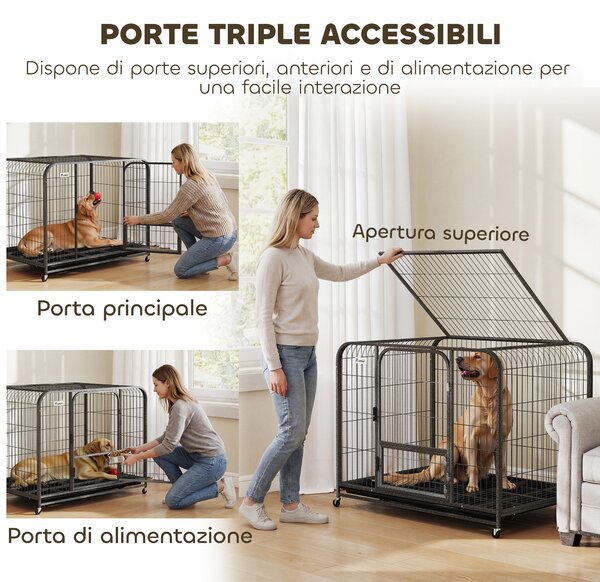 PawHut Gabbia per Cani in Acciaio con Ruote, 3 Porte, Vassoio Rimovibile e Chiusura Sicura, Nero | Aosom Italy