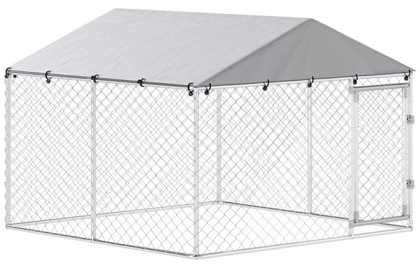 Recinto per Cani da Esterno 230x230x170 cm con Tetto in PE Anti-UV Impermeabile Doppia Chiusura in Acciaio Zincato Argento