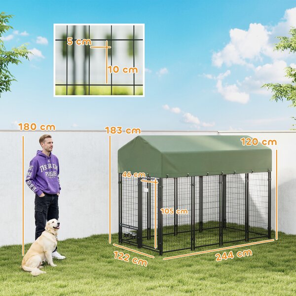 PawHut Recinto per Cani da Esterno in Acciaio con Tetto in Tessuto Oxford, Anti-UV, Impermeabile, 2 Ciotole, Verde | Aosom Italy