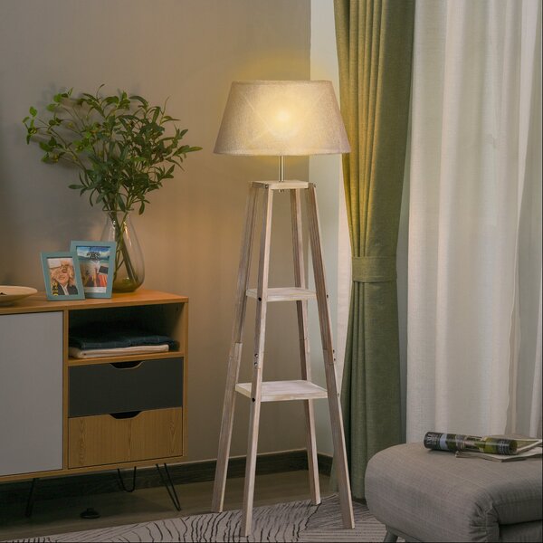 Lampada da Terra in Legno con 3 Ripiani e Paralume in Tessuto 45x45x148 cm Grigio