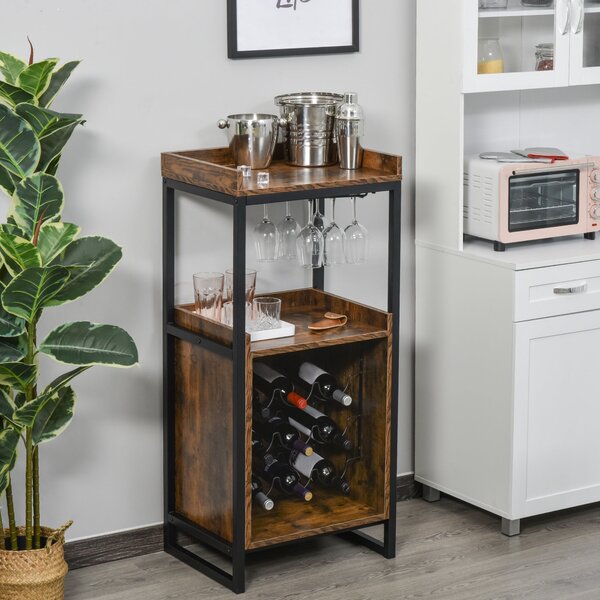 Mobile Portabottiglie Stile Industriale con Cantinetta Vini per 9 Bottiglie e Portacalici Marrone