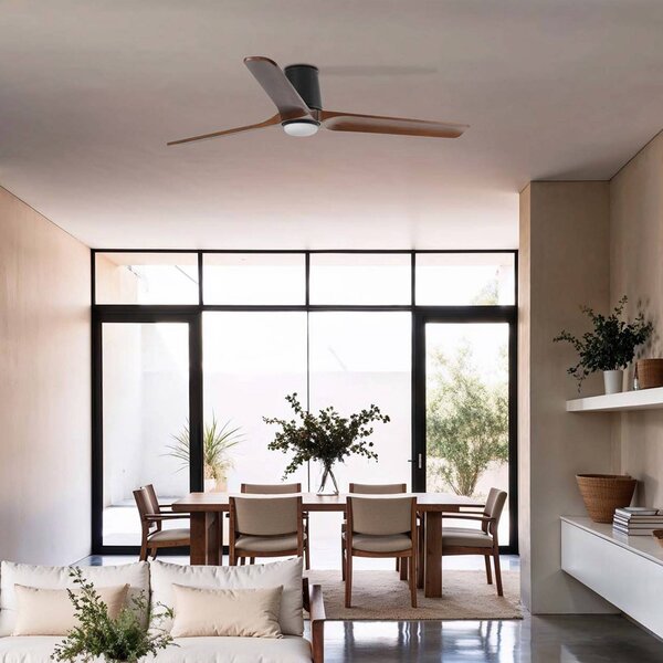 FARO BARCELONA Ventilatore da soffitto LED Heywood L, nero/legno, CC, silenzioso dimmerabile, Legno scuro, Soggiorno / Sala da pranzo, Legno, Moderno