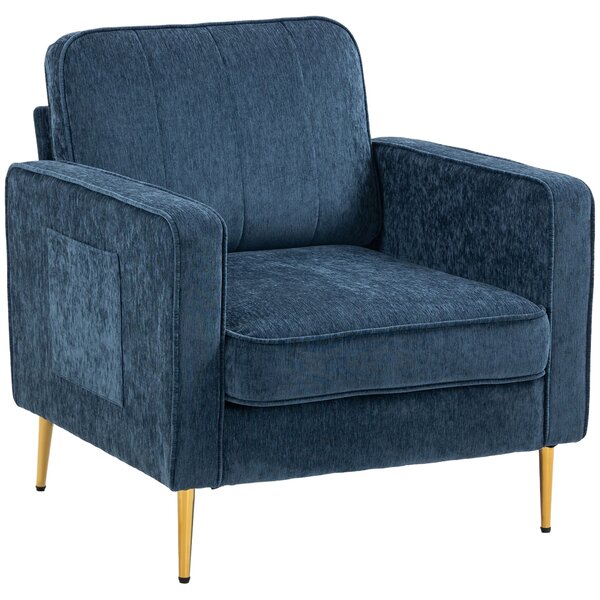 Poltrona da Salotto con Gambe in Acciaio Dorate e Tasche Laterali 81x84x87 cm in Tessuto Blu