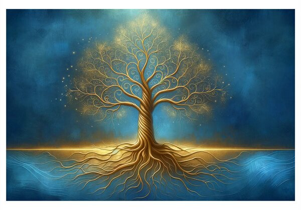 Quadro su tela – Albero della vita dorato in blu