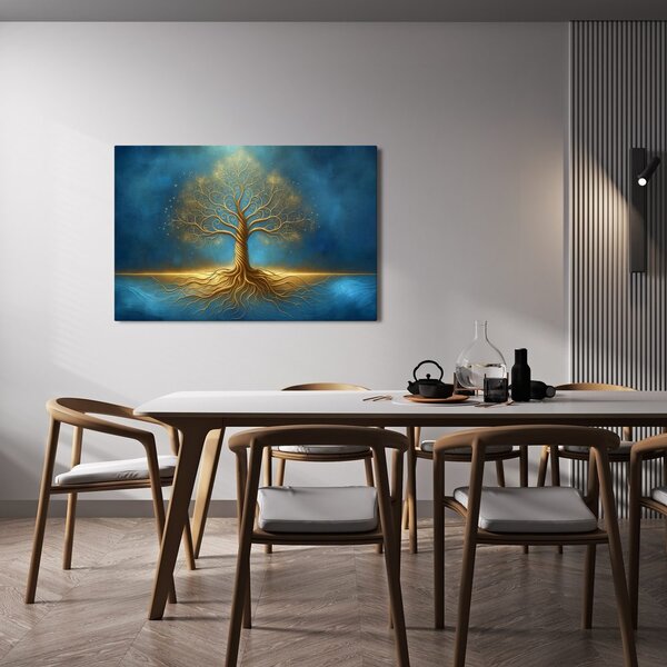 Quadro su tela – Albero della vita dorato in blu