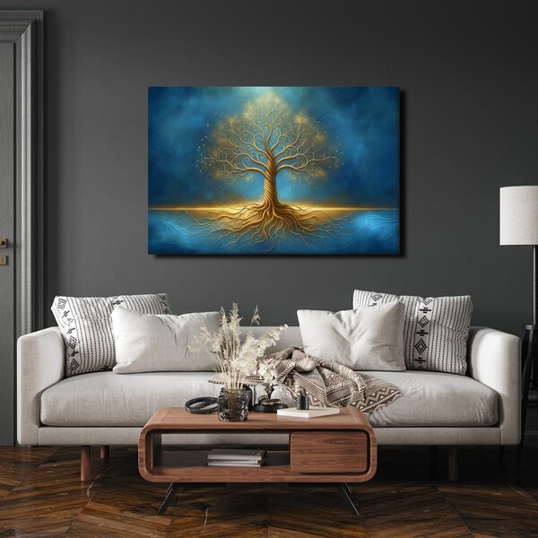 Quadro su tela – Albero della vita dorato in blu