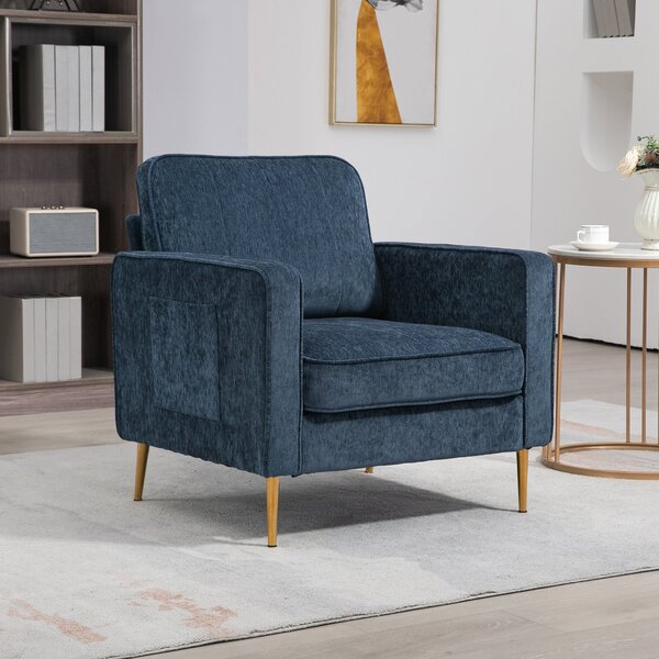 Poltrona da Salotto con Gambe in Acciaio Dorate e Tasche Laterali 81x84x87 cm in Tessuto Blu