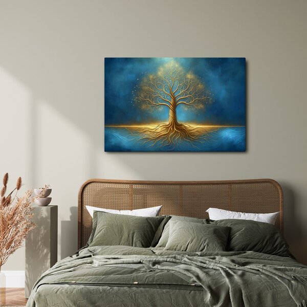 Quadro su tela – Albero della vita dorato in blu