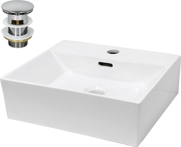 Lavabo LuxeBath Lavabo da appoggio Square, 41,5x36x13 cm, bianco, in Vetroceramica, incl. set di scarico con troppopieno