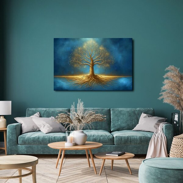 Quadro su tela – Albero della vita dorato in blu