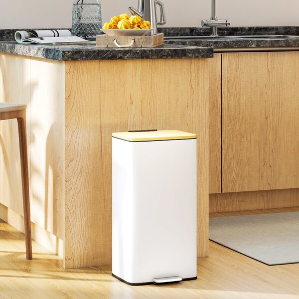 HOMCOM Cestino per la cucina con pedale 20 L Coperchio Chiusura Ammortizzata Secchio Interno Estraibile 29,5x29,5x56,8 cm Bianco e naturale | Aosom Italy