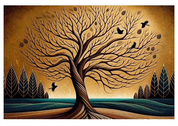 Quadro su tela – Albero della vita autunnale con uccelli