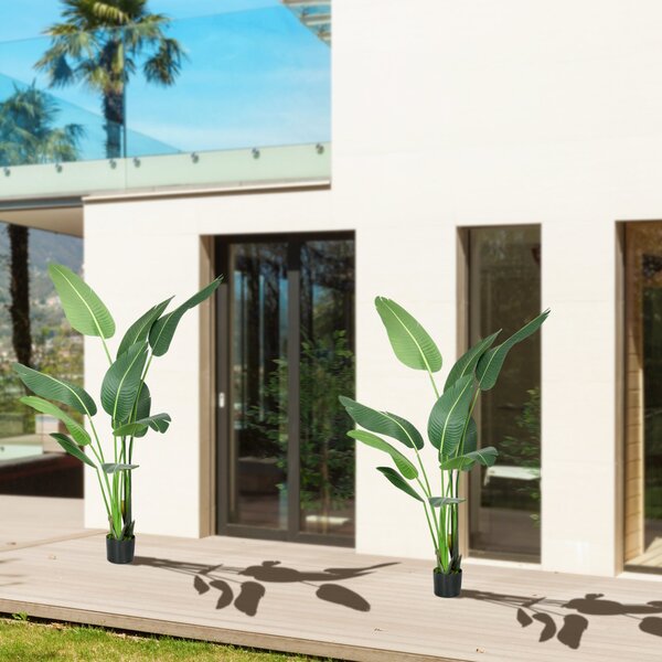Set 2 Piante Artificiali Palma del Viaggiatore da Interno e Esterno H150 cm con Vaso Verde