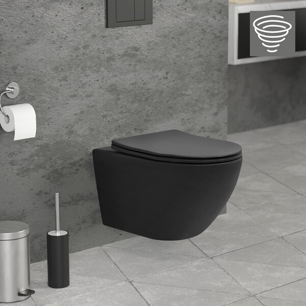 LuxeBath WC sospeso senza bordo, nero, lungo, a filo tornado
