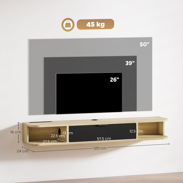 HOMCOM Mobile TV sospeso 120 cm, mobile TV per televisori fino a 127 cm, cassetto ribaltabile 2 ripiani 120x24x16cm nero | Aosom Italy