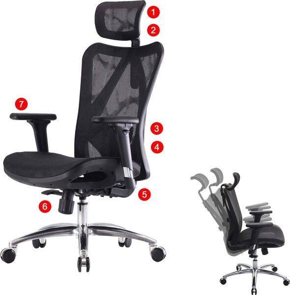 Sedia da ufficio SIHOO, ergonomica, bracciolo regolabile, portata 150 kg ~ rivestimento nero, struttura nera