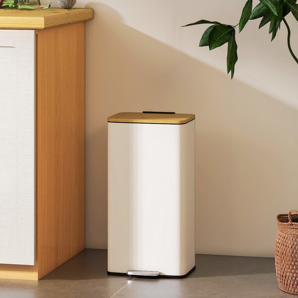 HOMCOM Cestino per la cucina con pedale 20 L Coperchio Chiusura Ammortizzata Secchio Interno Estraibile 29,5x29,5x56,8 cm Bianco e naturale | Aosom Italy