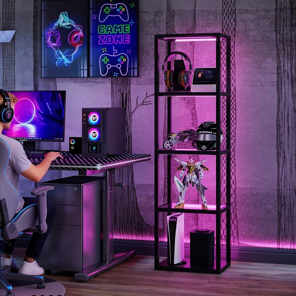 HOMCOM Lampada LED RGB 4 livelli con Ripiani in Vetro, Telecomando e Sincronizzazione Musica — Nero | Aosom Italy