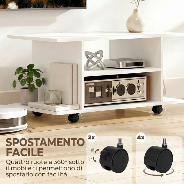 HOMCOM Mobile Porta TV Moderno con Ripiani, Ruote Girevoli e Freni, 80x40x40 cm, Bianco | Aosom Italy