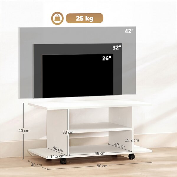 HOMCOM Mobile Porta TV Moderno con Ripiani, Ruote Girevoli e Freni, 80x40x40 cm, Bianco | Aosom Italy