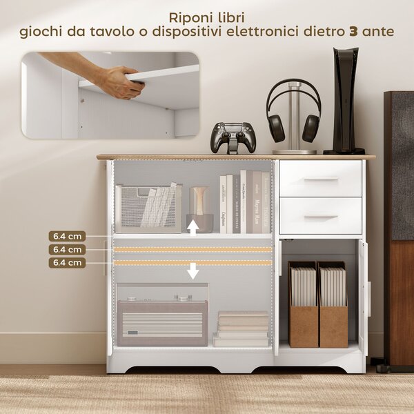 HOMCOM Credenza Moderna in Legno con 2 Cassetti e 2 Armadietti, 100x40x78 cm, Bianco e color Legno | Aosom Italy