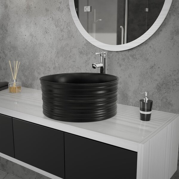 LuxeBath Lavabo da appoggio rotondo, Ø 41x18 cm, nero opaco, in Vetroceramica