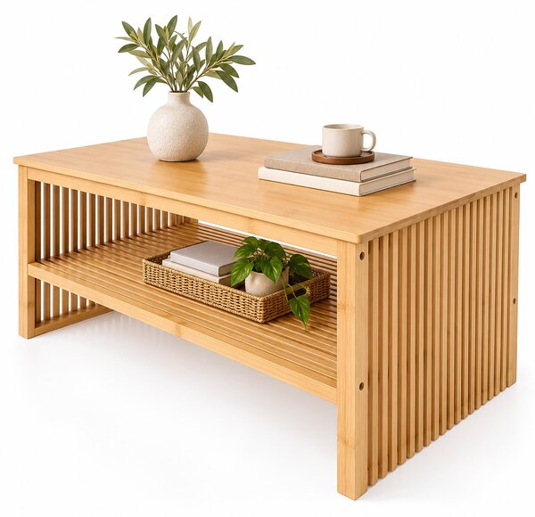 Tavolino Relaxdays, con lamelle, dimensioni: 46x98x55 cm, in bambù, tavolino da soggiorno, con piedini in feltro, vano portaoggetti, design naturale