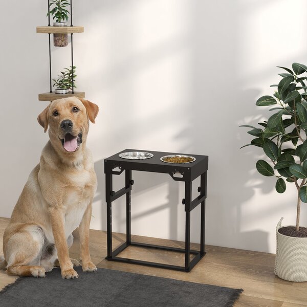 Portaciotole per Cani a 7 Altezze Regolabili 44x27x51 cm con 2 Ciotole Rialzate Ø19x6 cm in Acciaio Nero
