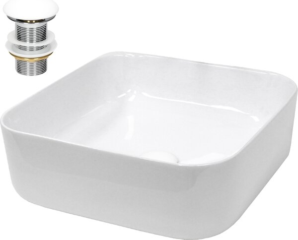 LuxeBath Lavabo Lavabo da appoggio Square, 39x39x14 cm, bianco, in Vetroceramica, incl. set di scarico senza troppopieno