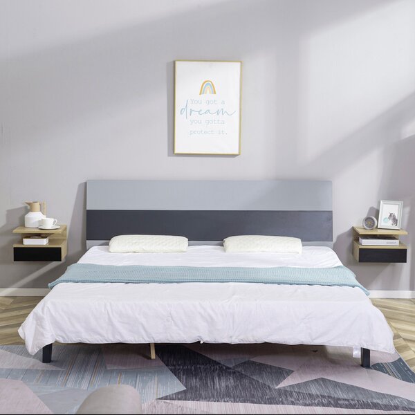 Set di 2 Comodini Sospesi Moderni con Cassetto e Mensola Superiore 35x32x22,5 cm Rovere e Nero