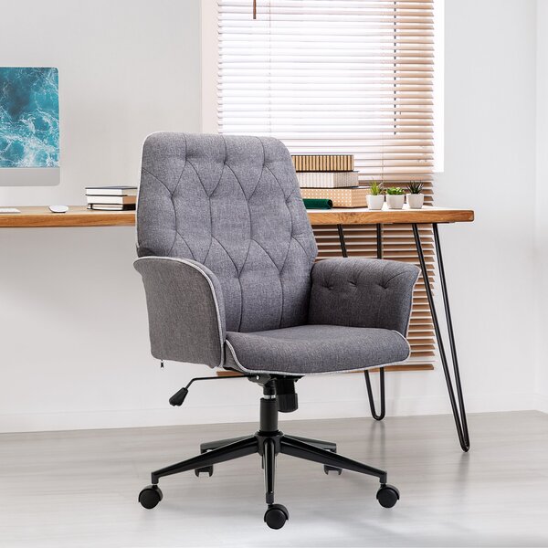 Sedia da Ufficio Imbottita ad Altezza Regolabile 66x69x89,5-97 cm in Tessuto Effetto Lino Grigio
