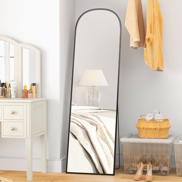 Specchio da Terra e Parete Moderno con Supporto Pieghevole 50x170 cm in Lega di Alluminio Nero