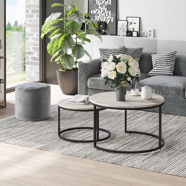 Set da 2 Tavolini da Caffè Sovrapponibili Rotondi in Metallo e MDF Effetto Marmo Grigio e Nero