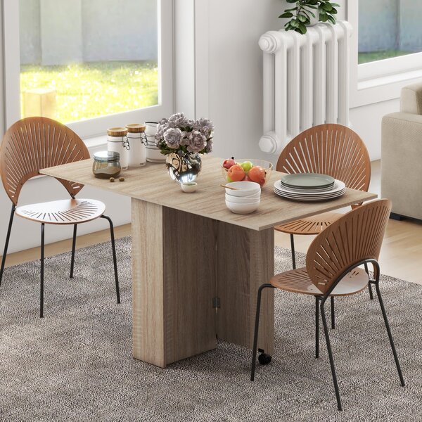 Tavolo Pieghevole con 2 Ribalte per 6 Persone con Ripiani e Rotelle Integrate Legno Naturale
