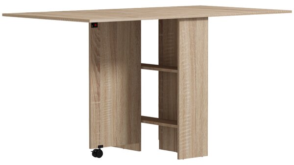 Tavolo Pieghevole con 2 Ribalte per 6 Persone con Ripiani e Rotelle Integrate Legno Naturale