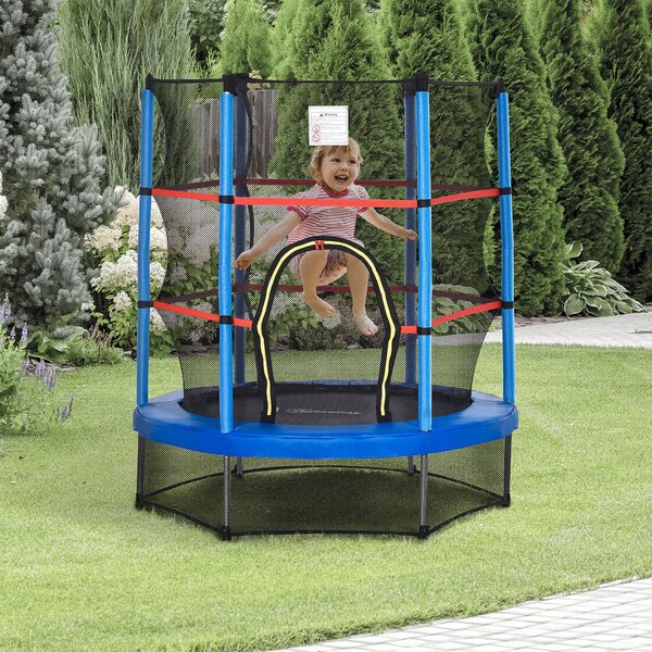 Trampolino Tappeto Elastico per Bambini da 3 Anni con Rete di Protezione e Corde Bungee Ø140x160 cm Blu