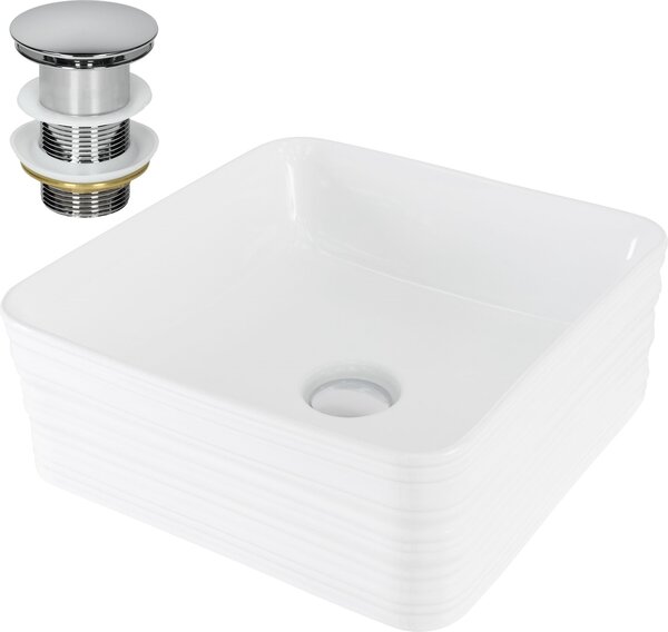 LuxeBath lavabo Lavabo da appoggio quadrato, 39x39x15 cm, bianco, Vetroceramica, incl. set di scarico senza troppopieno
