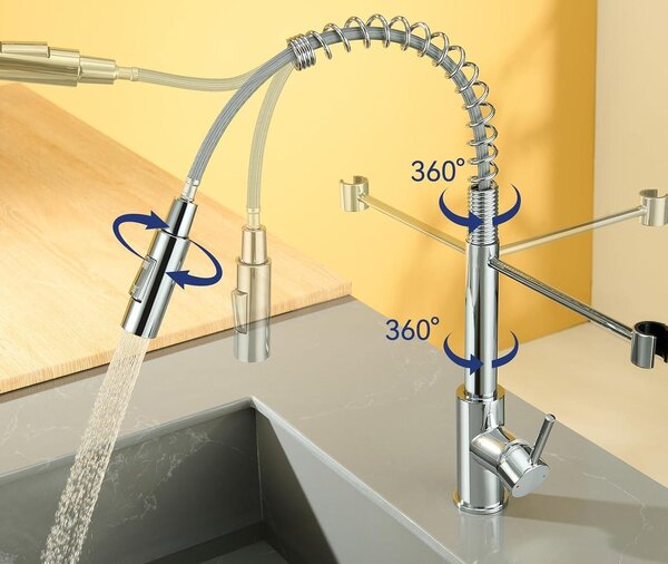 Miscelatore da cucina AjieQaQ con molla a spirale, acciaio inossidabile 304 spazzolato, 2 getti, girevole a 360°, con supporto per doccetta, monocomando