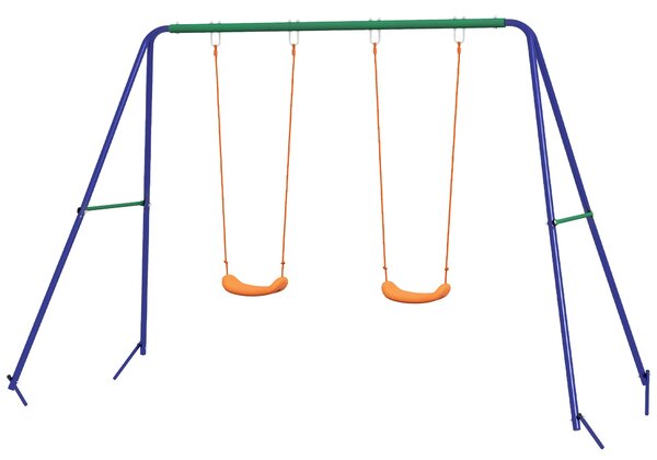 Altalena per Bambini 3-8 Anni con 2 Seggiolini e 4 Picchetti 269x160x180 cm in Metallo e PP Blu