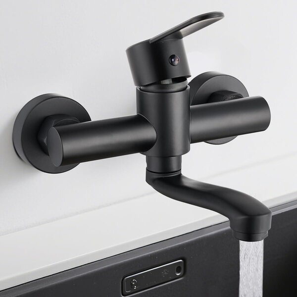 Miscelatore da cucina a parete - Rubinetto da cucina a parete - Acqua fredda e calda - Girevole a 360 gradi - Braccio girevole da 15 cm - Finitura nera opaca