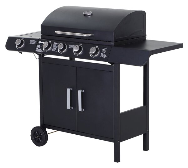 Barbecue a Gas a 5 Fornelli con Ripiani Laterali e Armadietto 125x51x100 cm in Acciaio e PP Nero