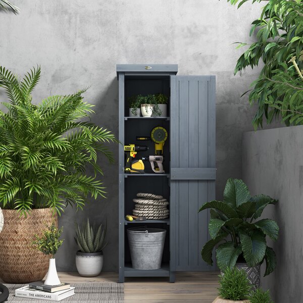 Casetta Porta Attrezzi a 3 Ripiani con Tetto in Metallo 45x45x160 cm in Legno da Abete Grigio