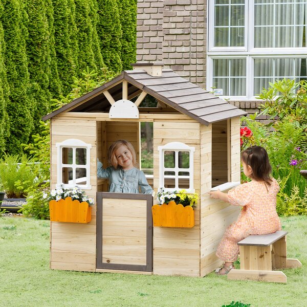Casetta Bimbi 3-7 Anni a 2 Finestre con Portavasi e Panchina 113Lx94x134,5 cm in Legno di Abete e PP Naturale