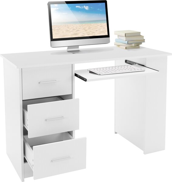 ML-Design scrivania con 3 cassetti, 3 ripiani e cassetto per tastiera, 110x49x75 cm, bianco, spazio di archiviazione, 3 ripiani