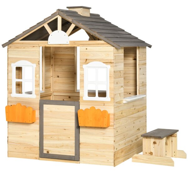 Casetta Bimbi 3-7 Anni a 2 Finestre con Portavasi e Panchina 113Lx94x134,5 cm in Legno di Abete e PP Naturale